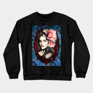 Red Frame Bright Pink Roses Portrait Beautiful Girls Artwork, Digital Art Crewneck Sweatshirt